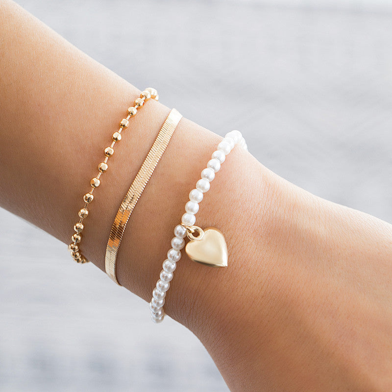 Heart Charms Pearl Beaded Bracelet Set