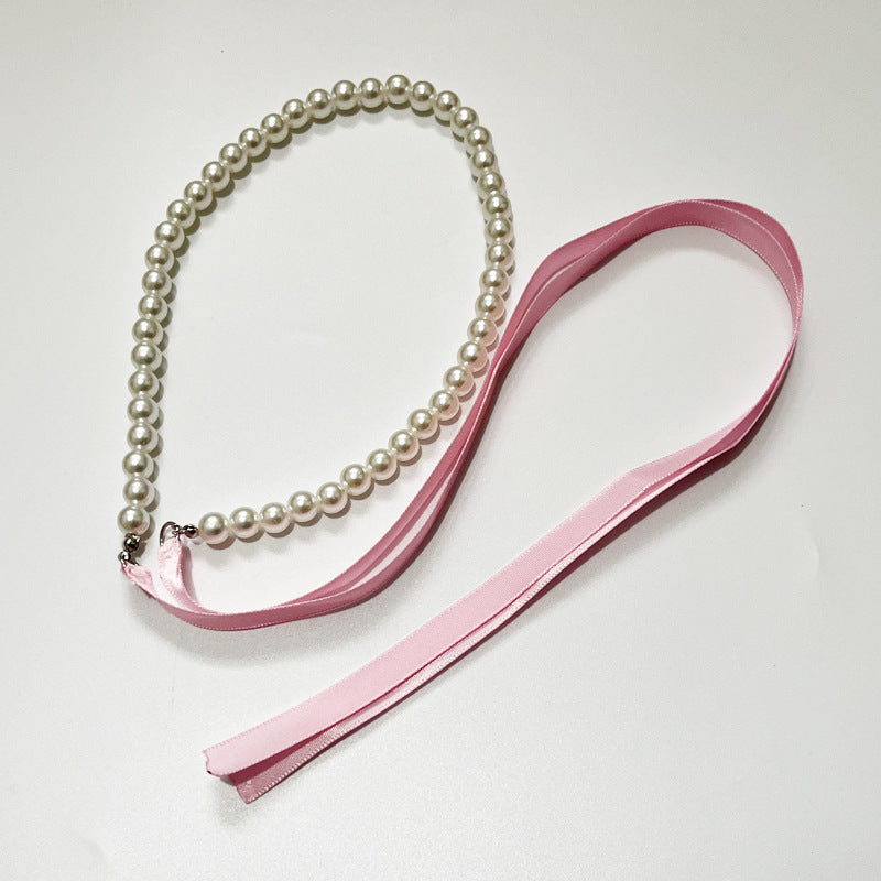 White Imitation Pearl Choker Necklace Women Long Black Ribbon