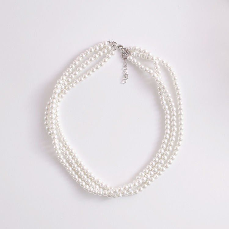 Faux Pearl Bib Multi Strand Statement Layered Necklace