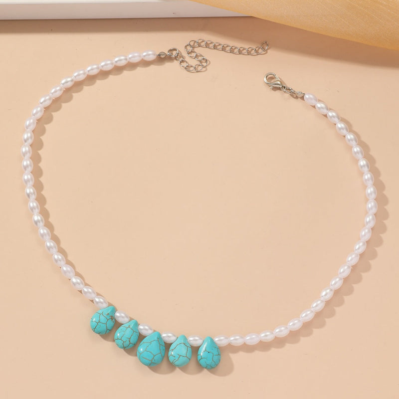 Bohemian Holiday Style Water Drop Turquoise Pendant Pearl Necklace