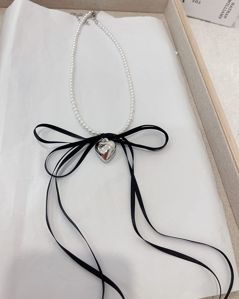 Ribbon Bow Silver Heart Pendant Pearl Choker