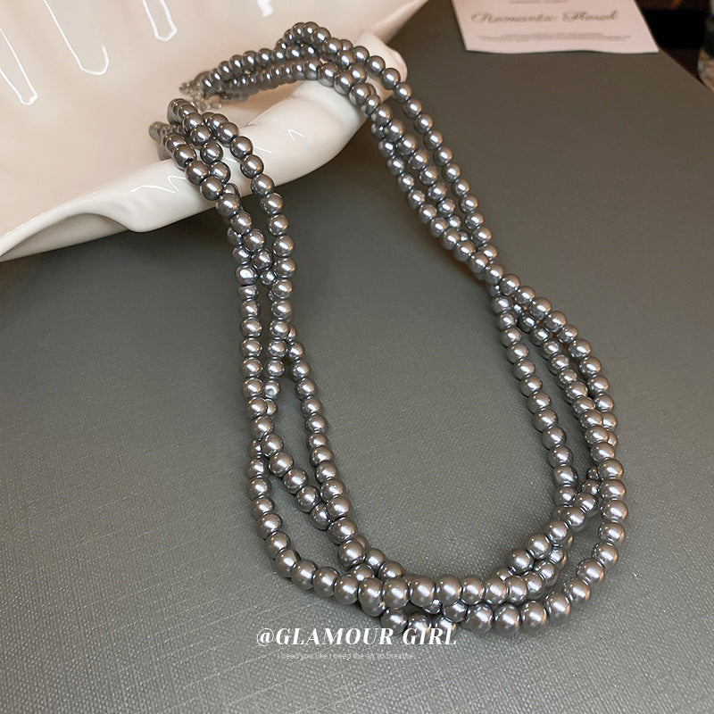Retro Choker Multi Layer Grey Pearl Necklace Women