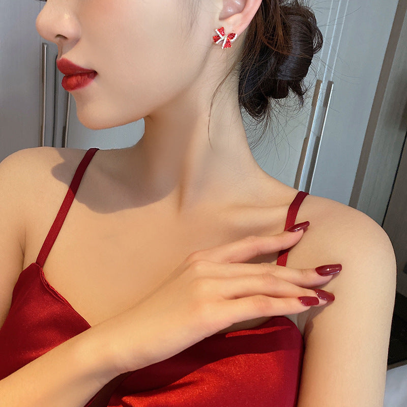 Red Rhinestone Bow Stud Earrings