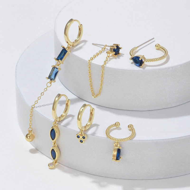 Stacking 6 Pieces Long Tassel Vintage Earring Set with Micro-Pavé Dazzling Blue Zircons, 18k Gold Plated Ear Studs & Ear Drops, S925 Needle, Stacked Lobe Designs with Dazzling Zirconia
