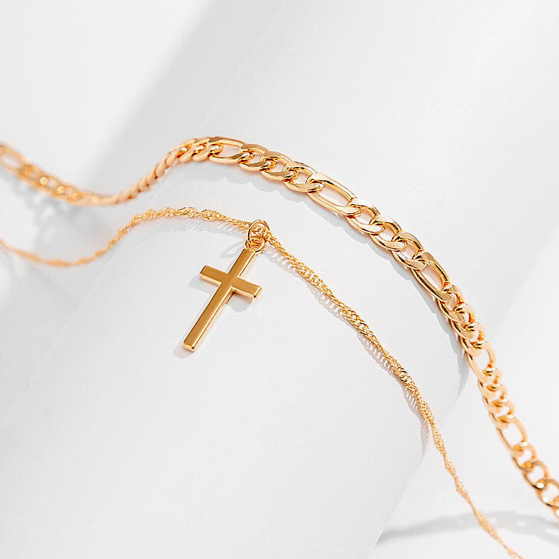 Punk Cuban Chain Stacked Cross Pendant Necklace