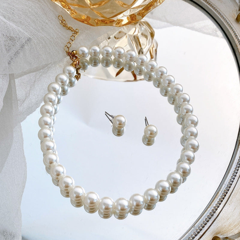 Round Pearl Necklace Earring Jewelry Set