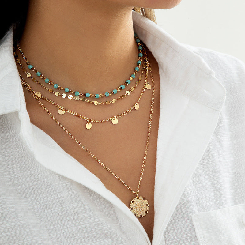 Turquoise Sequin Pendant Multi-layer Necklace