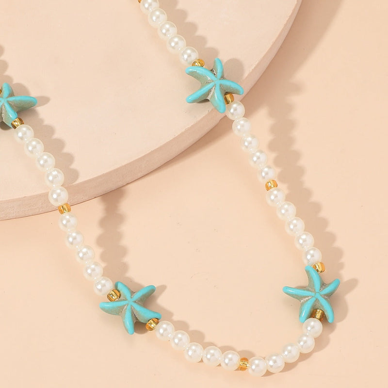 Boho Blue Starfish Pearl Chain Necklace