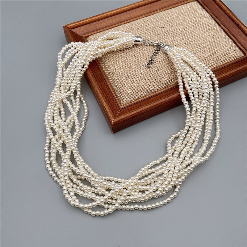 Pearl Layer Chain Grey Glass Choker Necklaces