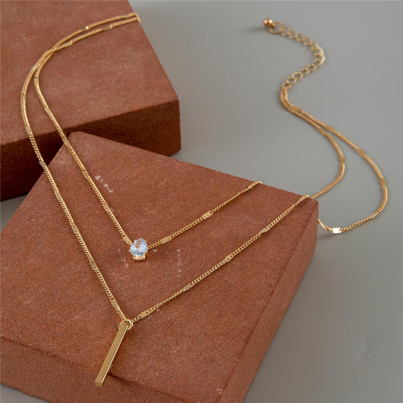 Fashion Double Layered Drop Stone Tassel Pendant Necklace