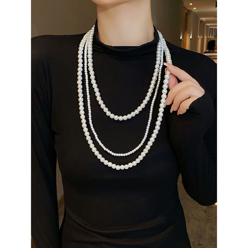 Long Multi-layer Pearl Beaded Sweater Chain Necklace for Women