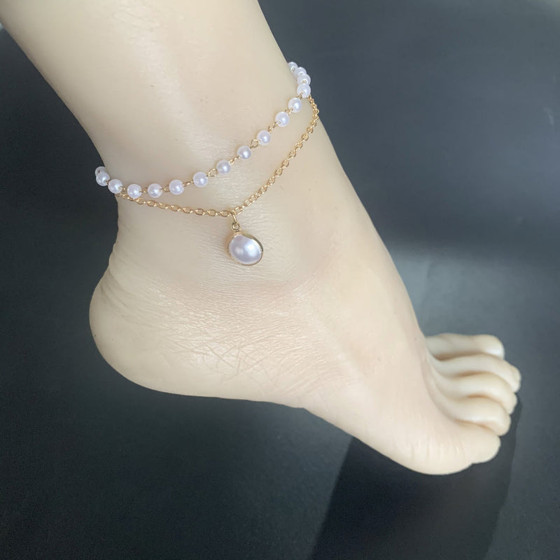 White Imitate Pearl Double Anklet Chain