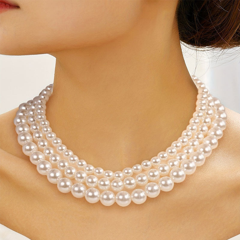 Elegant Synthetic Pearl Triple Multi Layer Choker Necklace