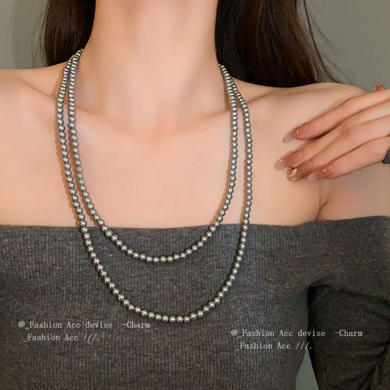 Gray Long Multi-layered Grey Pearl Necklace for Women