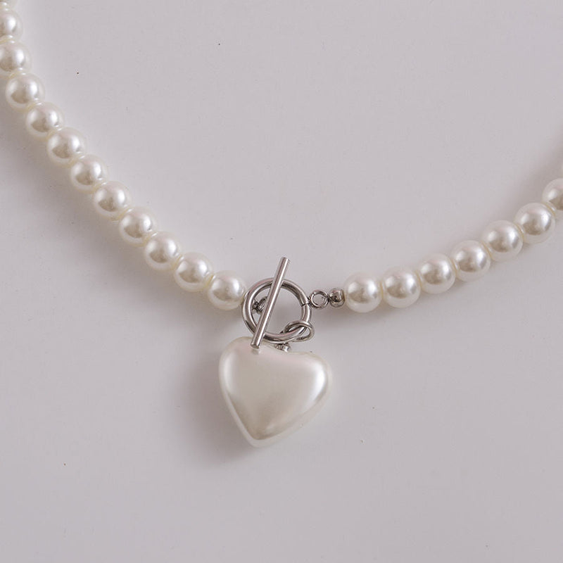 Glass Pearl Love Pendant Necklace with Clavicle Chain