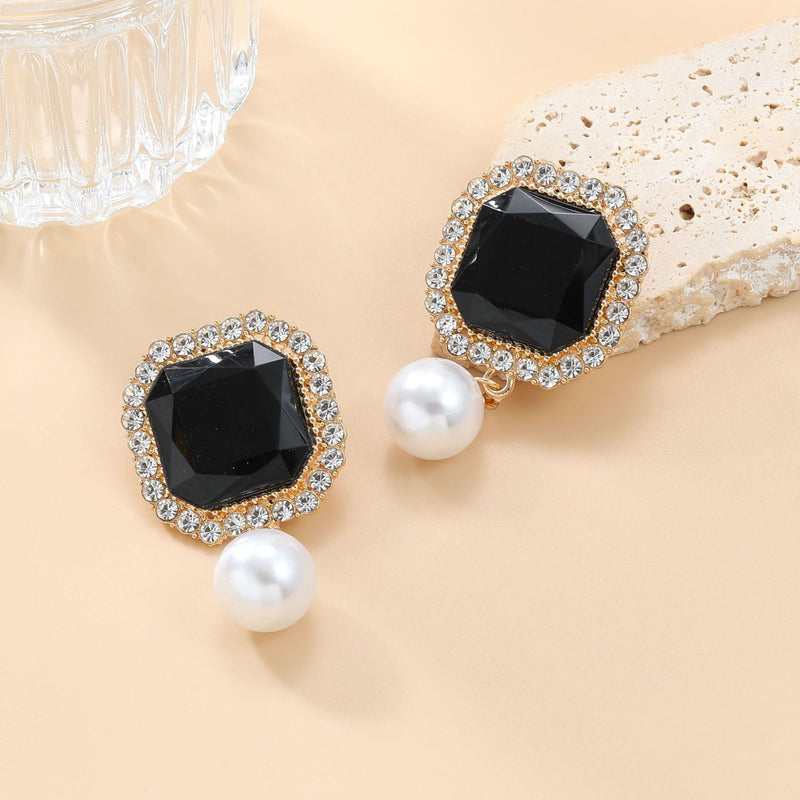 Square Rhinestone Simple Pearl Drop Earring