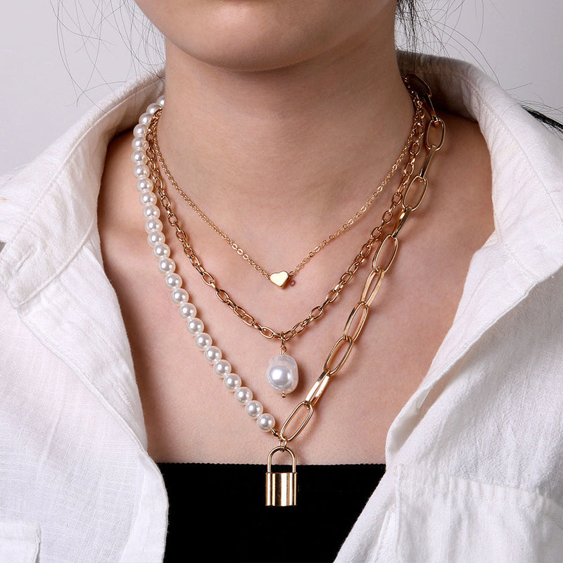 Heart Star Charm Paperclip Chain Choker Necklace Layered Lock Pendant