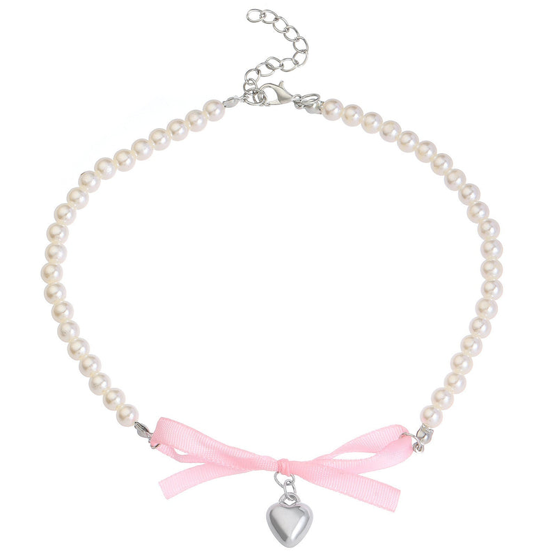 Romantic pink love Bow Pearl Necklace