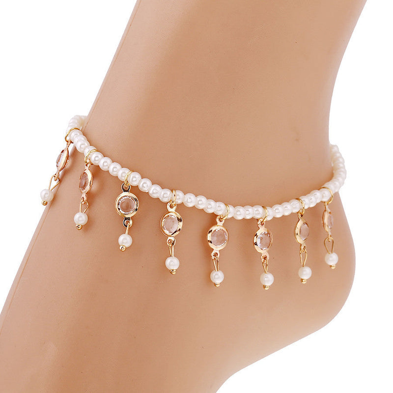 Summer Pearl Beaded Anklets Boho Crystal Tassel Ankle Bracelets