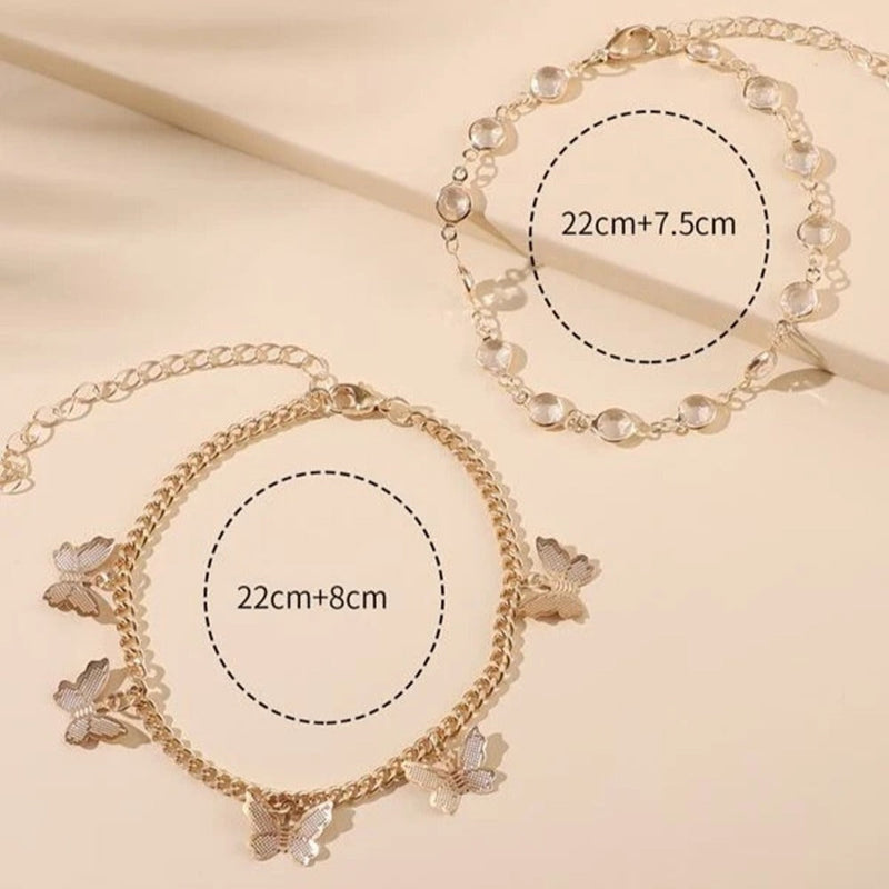 Rhinestone butterfly Pendant Double Layer Anklet Jewelry