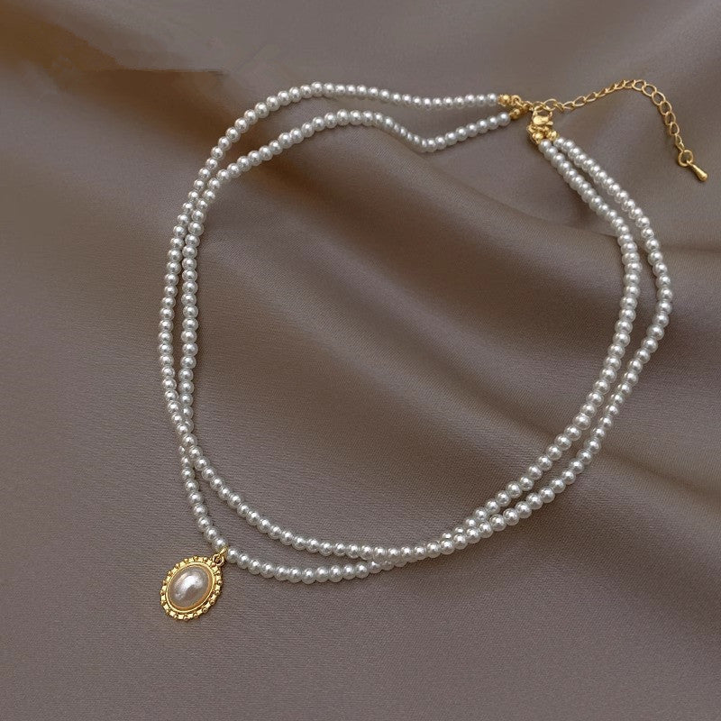 Vintage Double Layer Small Pearls Necklace Women Elegant Glass Pearl