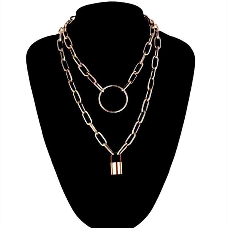 Punk Double Layer Lock Chain Necklace Padlock