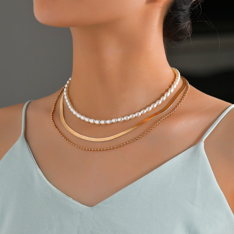 Multilayers Snake Chain Pearl Necklace