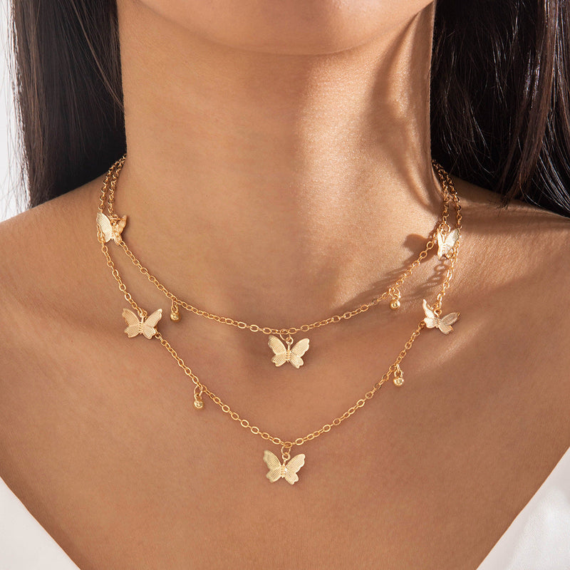 Double Layered Butterfly Pendant Multi Layered Necklace