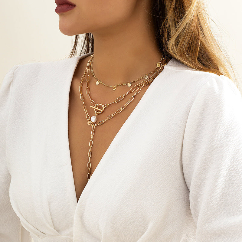 Pearl Pendant Necklace Jewelry Paperclip Y-Chain Multi Layer
