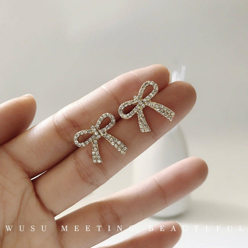 Classic Full Rhinestone Ribbon Bowknot Stud Earrings