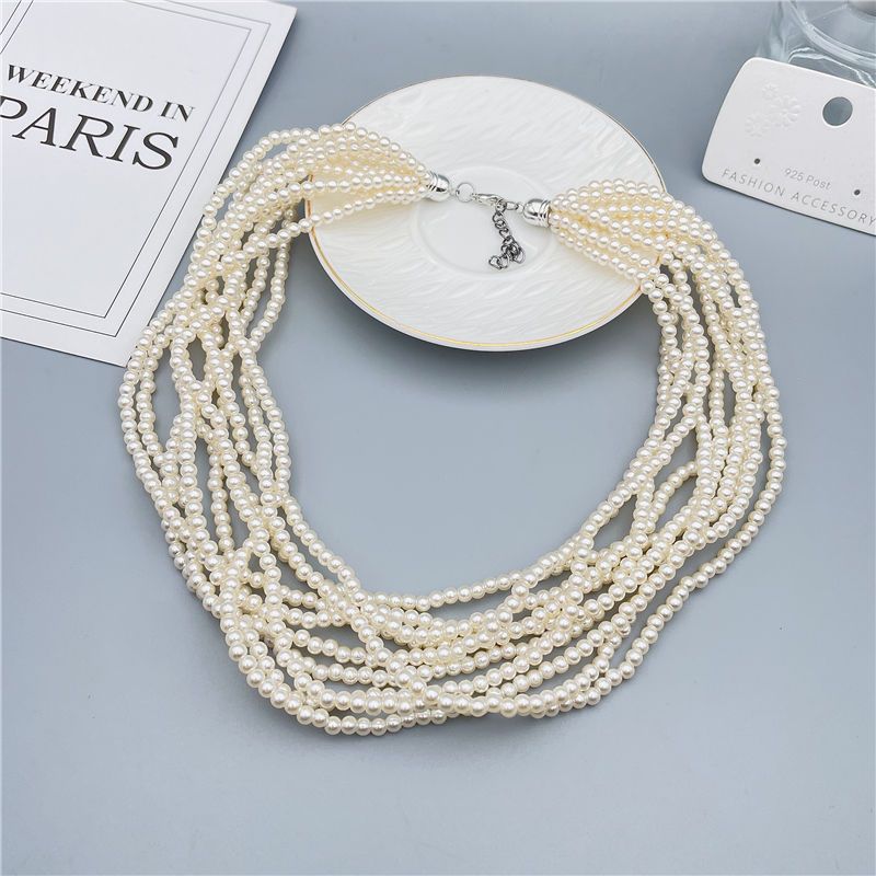 Pearl Layer Chain Grey Glass Choker Necklaces