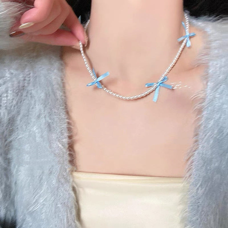 Cute Silk Ribbon Bow Charm Rice Beads Short Choker Necklace