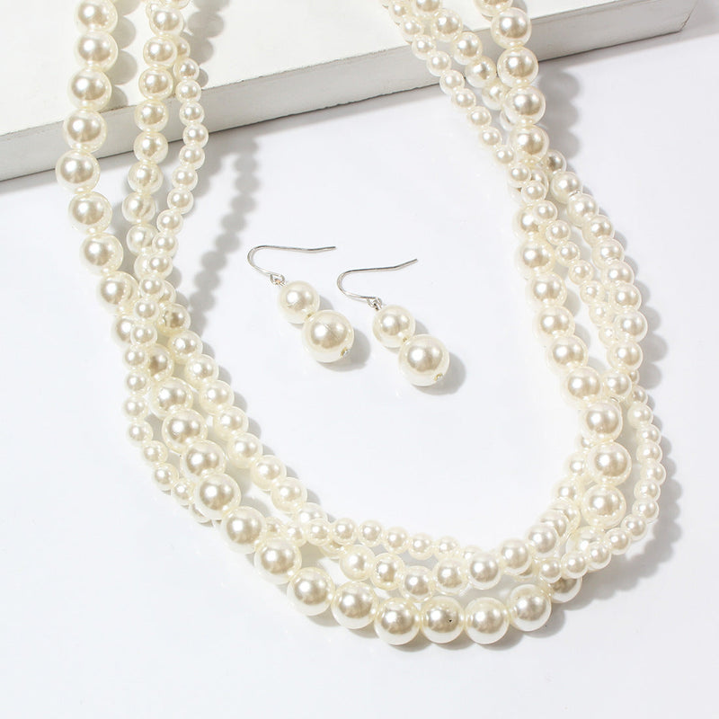 White Pearl Necklace Womens Multi Strand Pearl Choker Necklace Jewelry Set