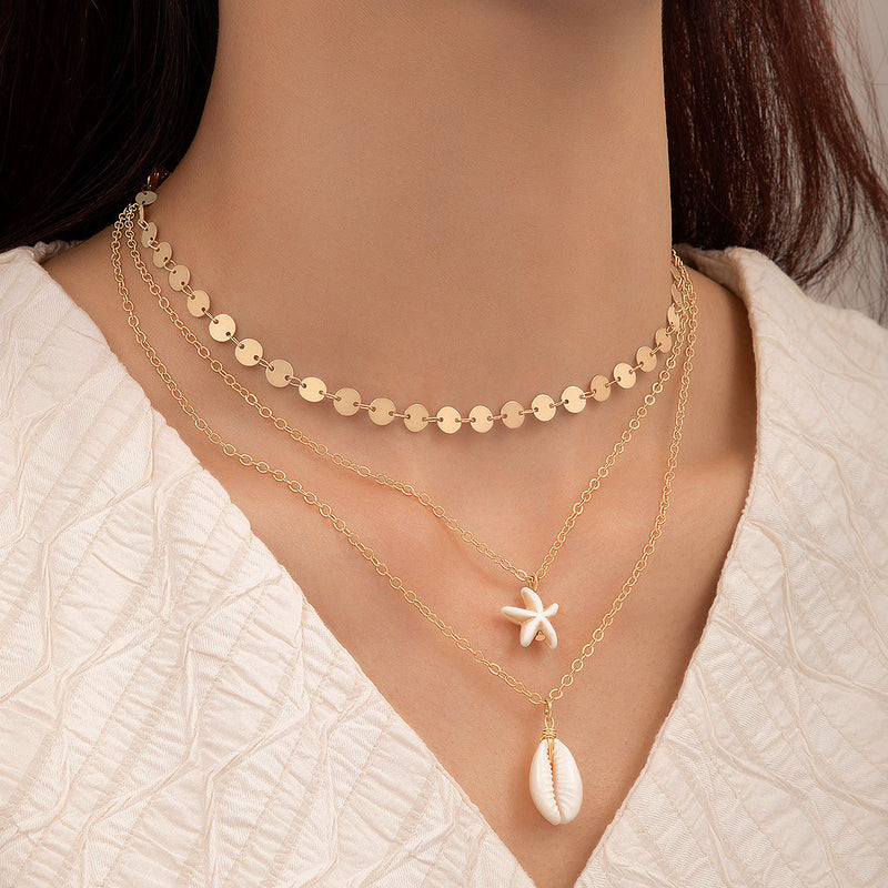 Multi Layer Chain Shell Choker Pendant Necklace