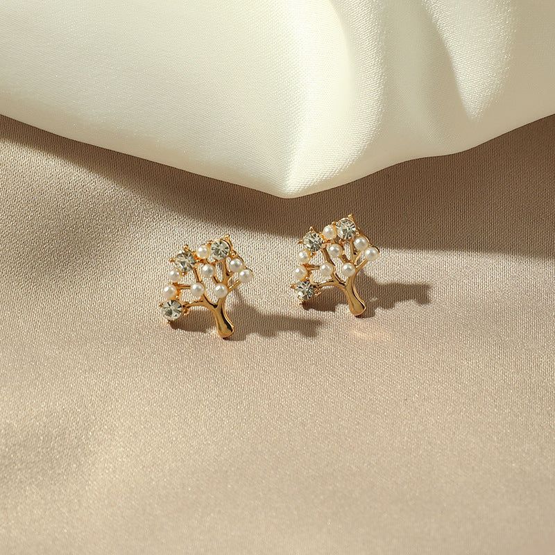 Tree Leaf Leaves Rhinestone Stud Earrings