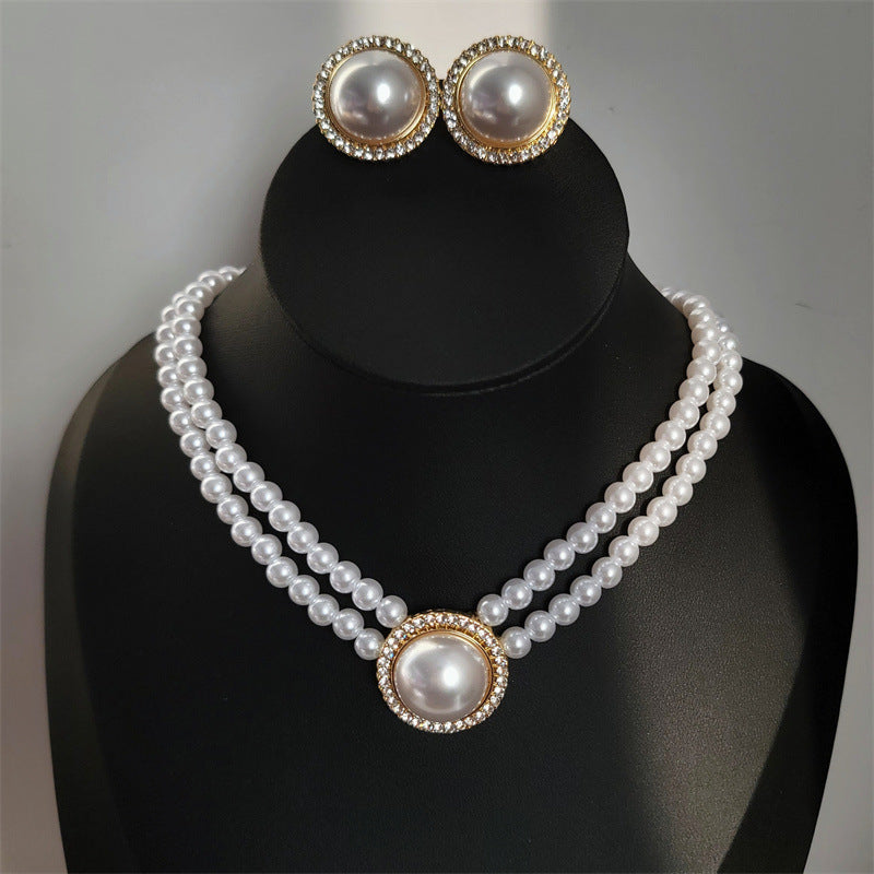 Vintage Bridal Pearl Stud Earrings Ring Pearl Beaded Rhinestone Choker Necklace Jewelry Set