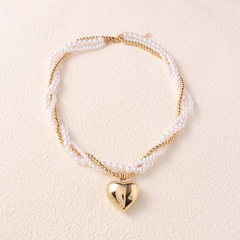 Elegant Vintage Twisted Pearl Beaded Heart Pendant Necklace