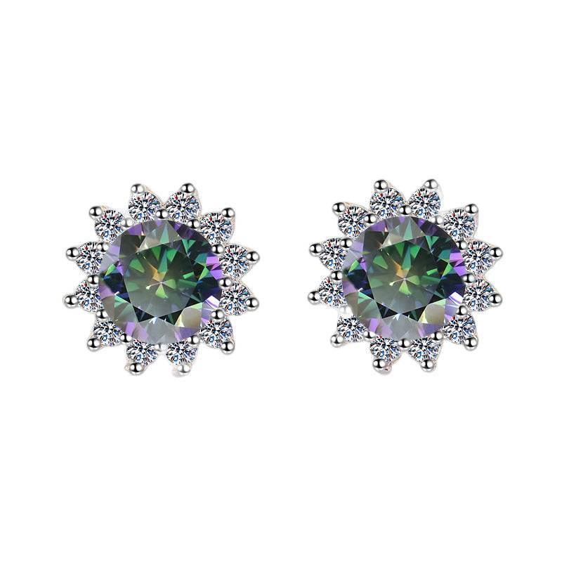 S925 Colorful Moissanite/CZ Sunflower Halo Stud Earrings, 12 Color 0.5ct D-Grade VVS Certificate, Hypoallergenic Sterling Silver Jewelry Gift