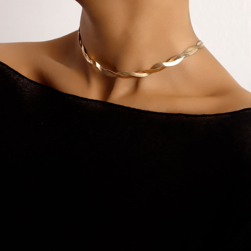 Twisted Double Layer Herringbone Chain Snake Choker Necklace