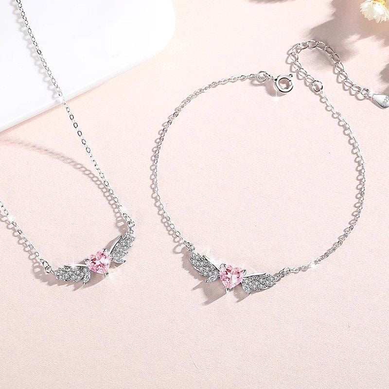 Pink Heart Angel Wings Necklace Bracelet