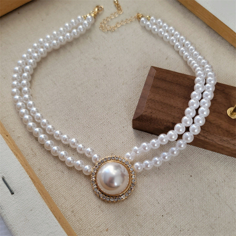 Pearl Double Clavicle Chain Flash Round Pearl Earring Necklace Set