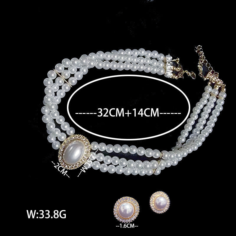Layers White Pearl Bib Statement Necklace Earring Set