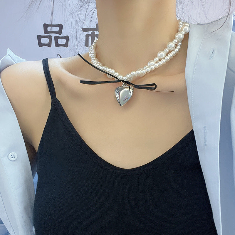 Black Ribbon Bowknot Heart Pendant Necklace