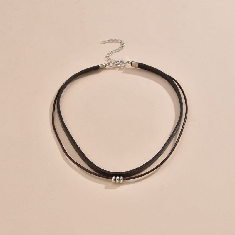 Leather Black Layered Beaded Velvet Choker Necklace