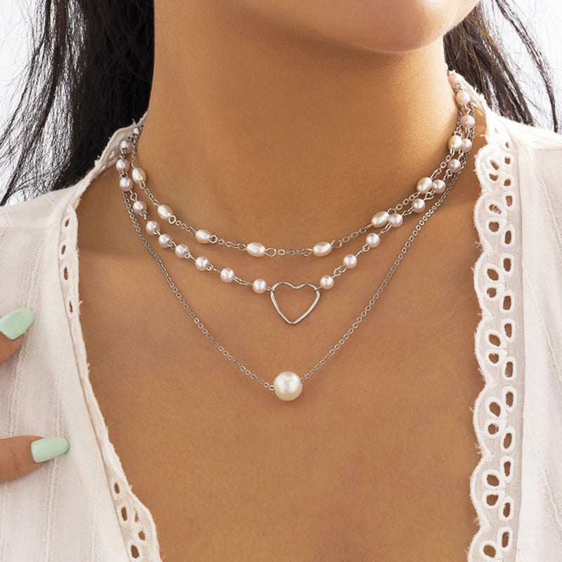 Geometric Beads Chain Twin Necklace Pearl Hollowed Out Love Necklace