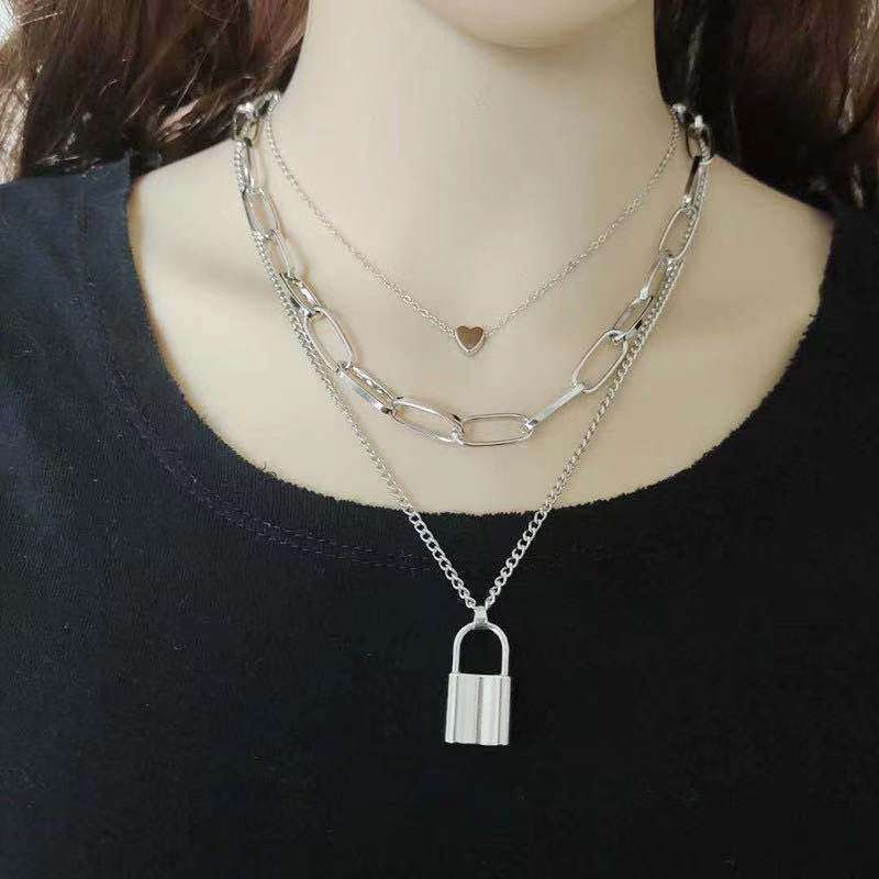Multi-layer Chain Heart Lock Shaped Pendant Necklace