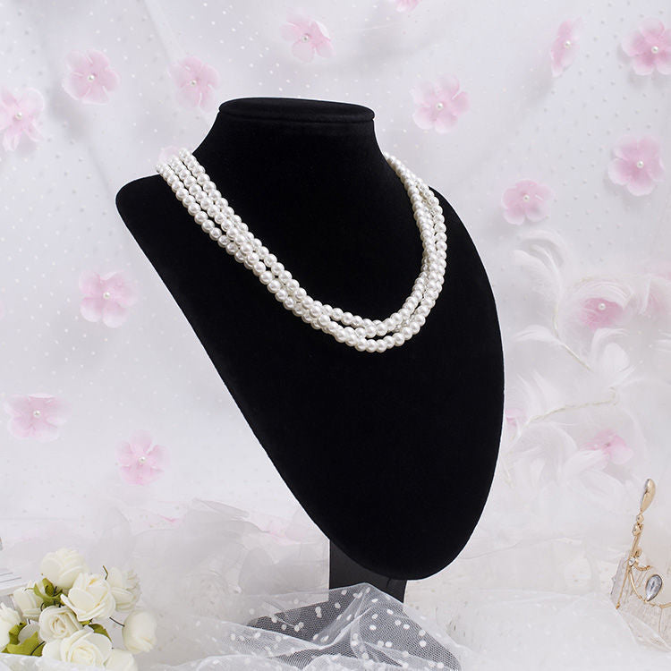 Faux Pearl Bib Multi Strand Statement Layered Necklace