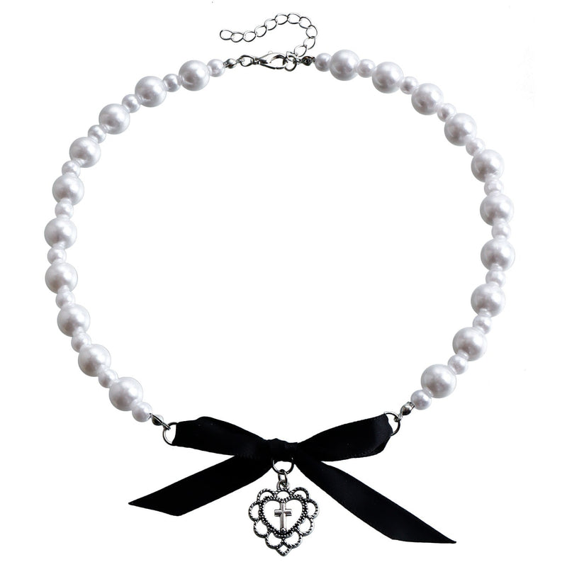 Trendy Heart with Cross Imitation Pearl Ribbon Bow Choker