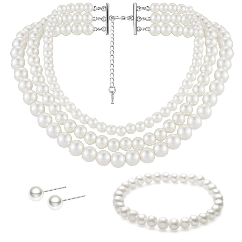 Vintage Dainty Multilayer Faux Pearl Choker Necklaces and Earrings