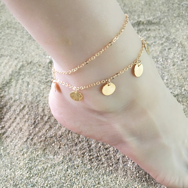 Summer Beach Anklets Jewelry Double-layer Pendant Round Disc Anklets Chain